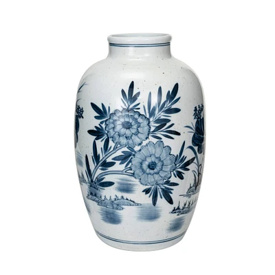 14.5" Blue & White Hand Painted Urn Shaped Stoneware Vase