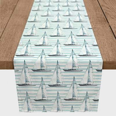 Blue Boats on Stripes Poly Twill Table Runner