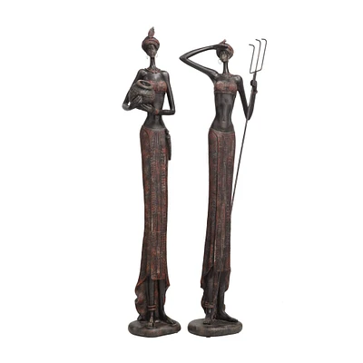 Red Handmade Polystone African Women Inspired Sculpture Set