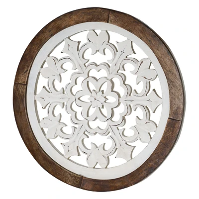American Art Décor™ 16" Distressed Wood Framed Round White Arabesque Wall Accent Medallion
