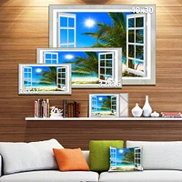 Designart - Window Open to Beach with Palm