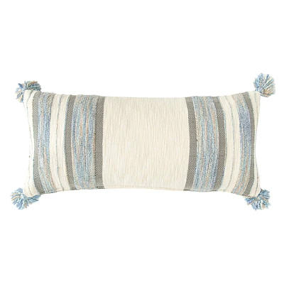 Blue, Gray & Cream Striped Lumbar Pillow with Tassels