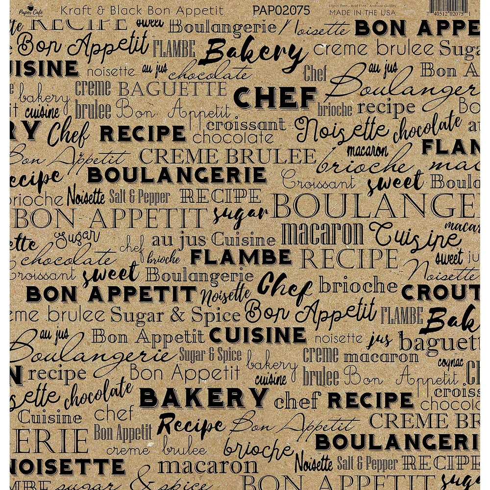 Paper Café Kraft & Black Bon Appetit 12" x 12" Cardstock, 15 Sheets