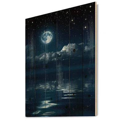 Designart - Full Moon in Cloudy Night Sky I - Nautical & Coastal Print on Natural Pine Wood