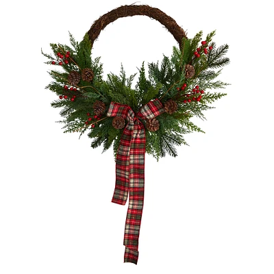 28" Pine & Pinecone Christmas Wreath with Decorative Bow