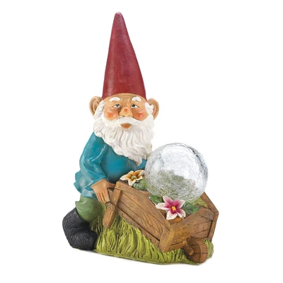 11.75" Gnome with Wheel Barrow Solar Statue