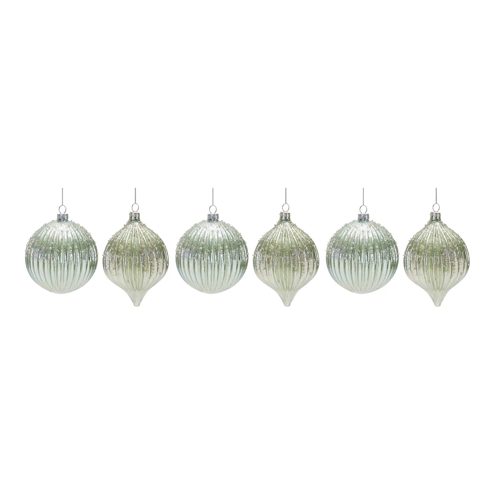 Green Beaded Iridescent Glass Ornament Set