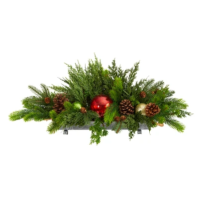 24" Cedar Pine, Pinecones & Ornaments Artificial Christmas Arrangement in Tin Vase