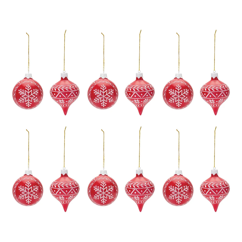 Red & White Etched Snowflake Ornaments Set