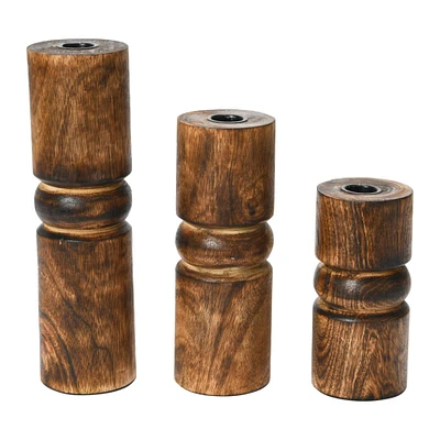 Wood Stack Taper Candle Holder Set