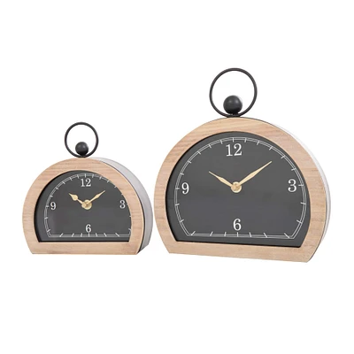 Black Wooden Semicircle Clock Set with Brown Wooden Frame & Ring Handle