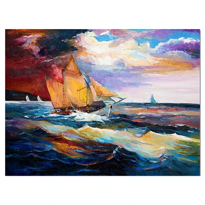 Designart - Sailship in Sea waves - Nautical Painting Print on Wrapped Canvas