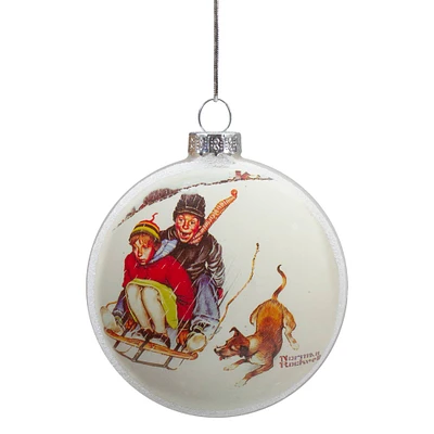 3" Norman Rockwell Young Love: Sledding Glass Disc Ornament