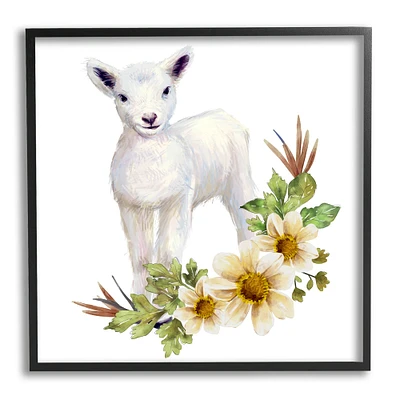 Stupell Industries Baby Lamb Autumn Daisy Florals Tree Leaf Foliage Framed Wall Art