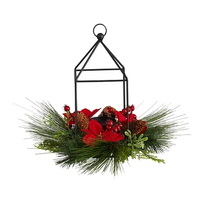 14" Christmas Poinsettia, Berry & Pinecone Metal Candle Holder Artificial Table Arrangement