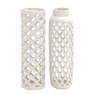 12" White Stoneware Modern Vase Set
