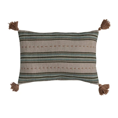 Multicolor Hand-Embroidered Stripes Cotton Slub Lumbar Pillow with Tassels