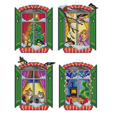 Orchidea Plastic Canvas Counted Cross Stitch Kit With Plastic Canvas Winter Windows Set of 4 Designs