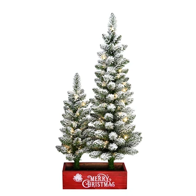 6 Pack: Pre-Lit Flocked Artificial Christmas Tree Set in Red Box Planter, Warm White LED Lights