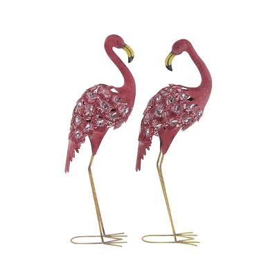 Bedazzled Pink Flamingo Coastal Garden Sculpture Set