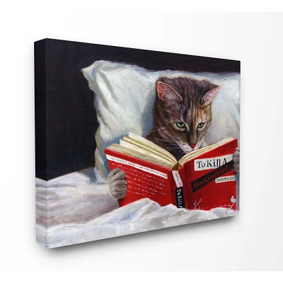 Stupell Industries Cat Reading a Book in Bed Funny Painting Canvas Wall Art
