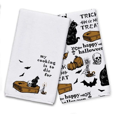 Halloween Coffin Vintage Pattern Tea Towel Set