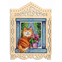 MP Studia Cat In The Window Cross Stitch On Wood Kit