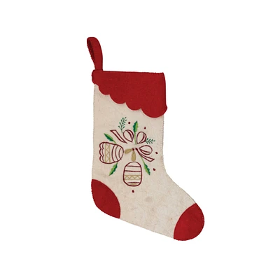 Hello Honey® 17.5" Red & White Wool Felt Stocking with Embroidered Bells & Red Scalloped Trim