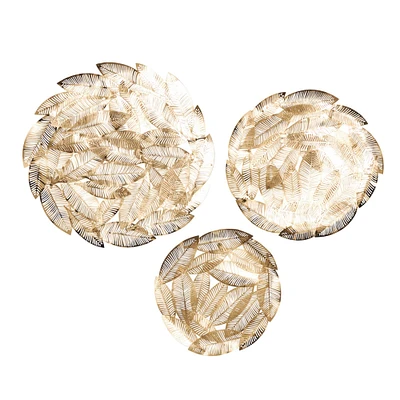 Gold Colored Abstract Leaf Round Metal Discs Wall Décor Set