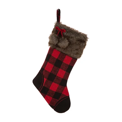 Glitzhome® 21" Fur Black & Red Buffalo Plaid Stocking