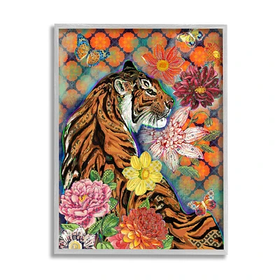 Stupell Industries Jungle Tiger Cat Over Orange Arabesque Floral Pattern in Gray Frame Wall Art