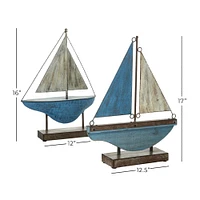 Set of 2 Blue Metal Coastal Sail Boat Sculpture, 17", 16"