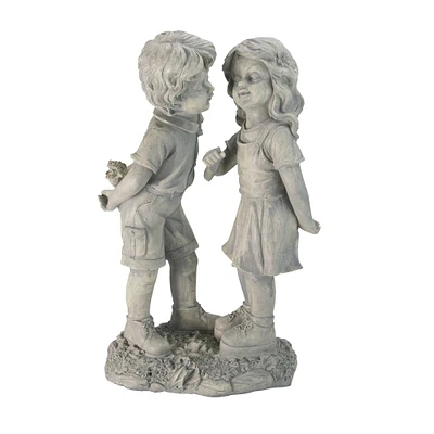 18.5" Weathered Gray Stone Boy & Girl First Kiss Outdoor Garden Statue