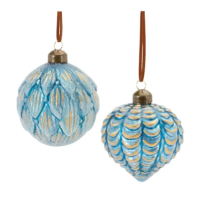 3" Frosted Scallop Blue & Gold Glass Ornament Set