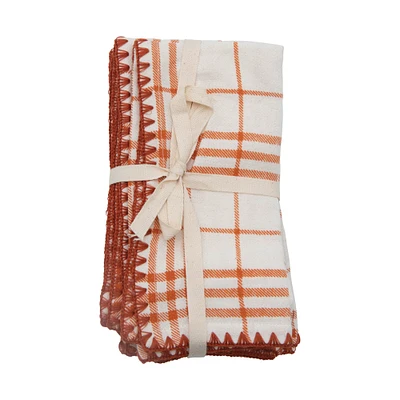 Plaid Cotton Napkins With Embroidered Edge, 4ct.