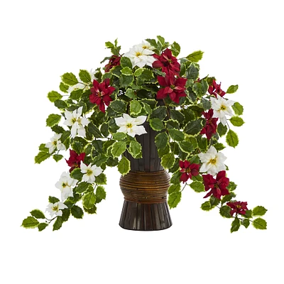 22.5” Poinsettia & Holly Artificial Plant in Decorative Planter