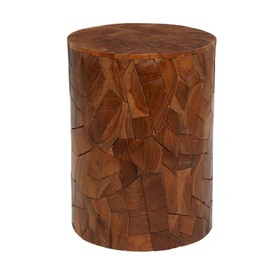 16.5" Round Block-Style Brown Teak Wood Mosaic Side Table