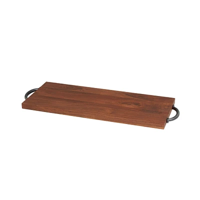 28" Brown Wood Tray with Black Metal Handles