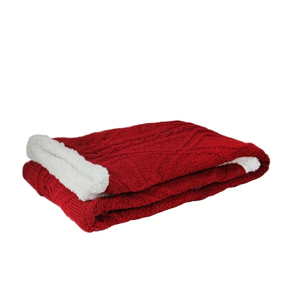 Red & White Cable Knit & Sherpa Throw Blanket