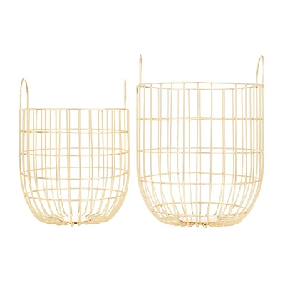 Set of 2 Gold Iron Contemporary Storage Baskets, 17" x 11" x 11"