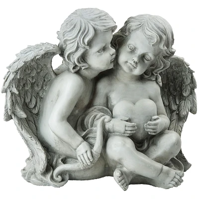 16.25" Gray Sitting Cherub Angels Holding a Heart & Bow Outdoor Statue