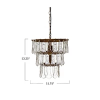 13.5" Antique Finish Tiered Metal Chandelier with Organically Shaped Hanging Glass