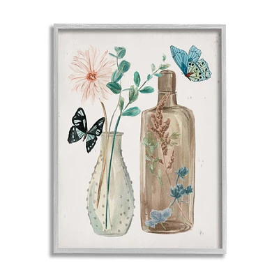 Stupell Industries Butterfly Blooming Floral Jars Tranquil Flower Still-Life in Frame Wall Art