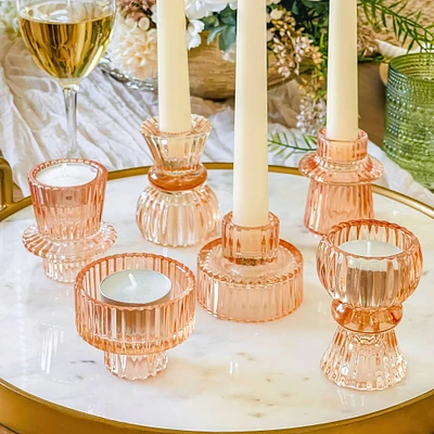 Kate Aspen® Assorted Vintage Ribbed Rose Gold Pink Glass Candlestick Candle Holder Set