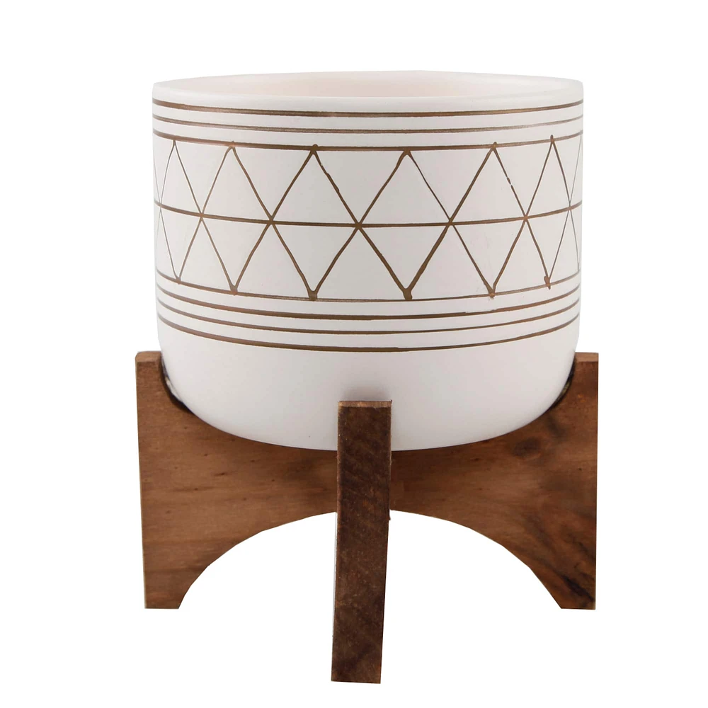 Flora Bunda 5" White Gold Geo Planter With Wood Stand