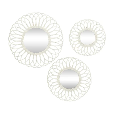 White Woven Rattan Round Wall Mirrors Set