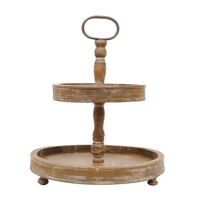 18" Distressed Brown Wooden 2-Tier Tray with Metal Handle