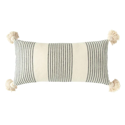 Cream & Gray Striped Pillow with Tassels