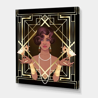 Designart - Retro Women In Golden Art Deco Geometrics I - Modern Canvas Wall Art Print