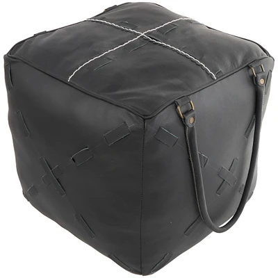 22" Leather Pouf with Woven Straps & Handles